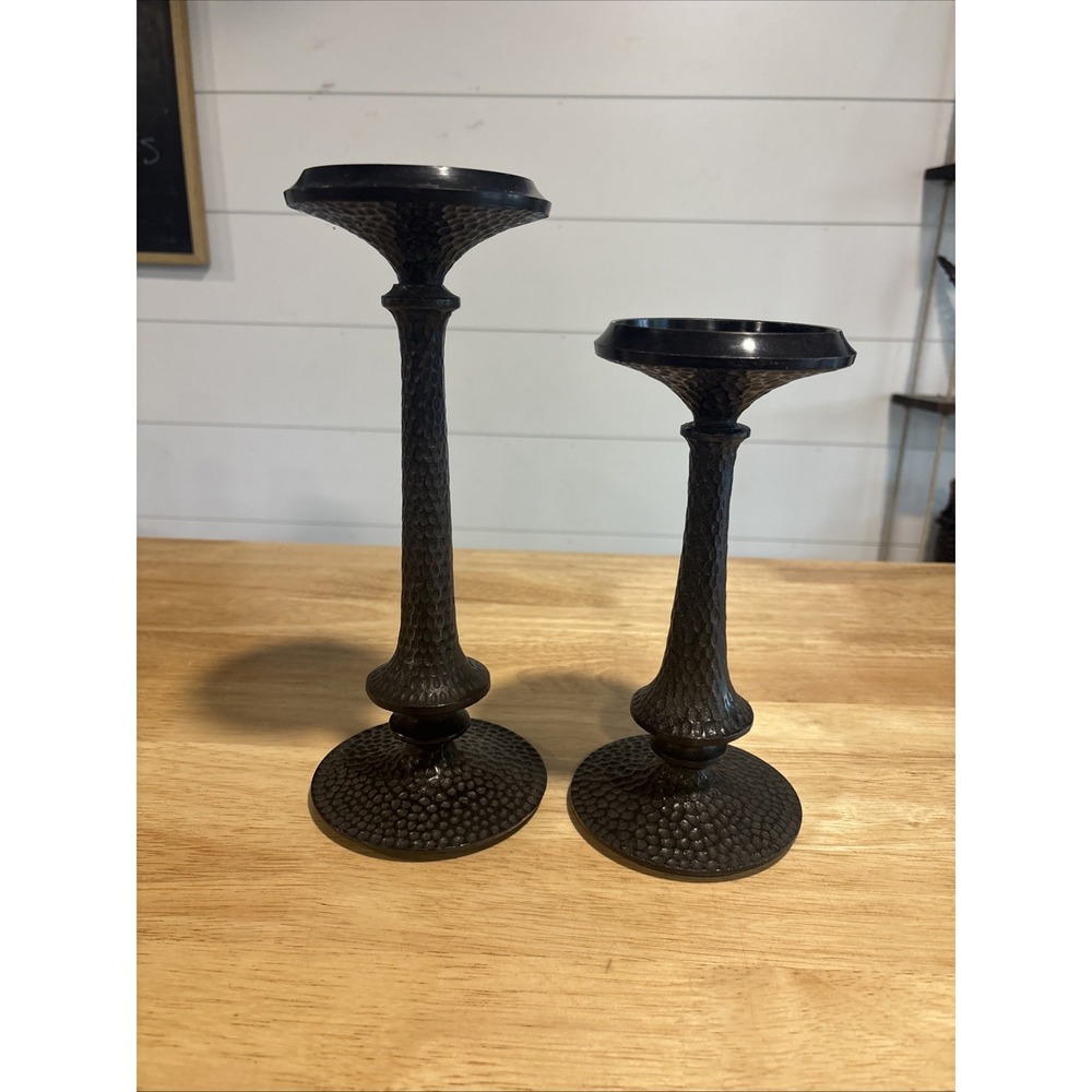 2 Heavy, Hammered Surfaced Pillar Candle Holders, 11" & 9" Tall